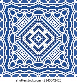 Portuguese vintage azulejo tiles. Vector seamless pattern texture. Hand drawn design. Blue antique background for pillows, print, wallpaper, web backdrop, towels, surface texture.