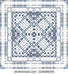 Portuguese vintage azulejo tiles. Vector seamless pattern flyer. Kitchen design. Blue antique background for pillows, print, wallpaper, web backdrop, towels, surface texture.