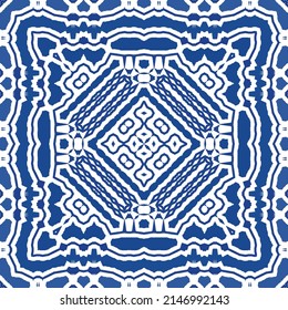 Portuguese vintage azulejo tiles. Vector seamless pattern texture. Hand drawn design. Blue antique background for pillows, print, wallpaper, web backdrop, towels, surface texture.