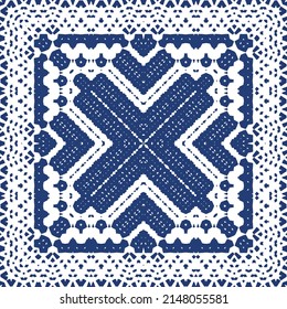 Portuguese vintage azulejo tiles. Vector seamless pattern flyer. Kitchen design. Blue antique background for pillows, print, wallpaper, web backdrop, towels, surface texture.