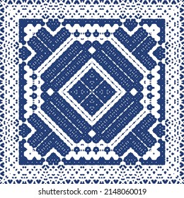 Portuguese vintage azulejo tiles. Vector seamless pattern flyer. Kitchen design. Blue antique background for pillows, print, wallpaper, web backdrop, towels, surface texture.