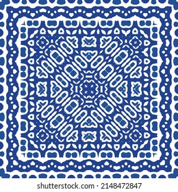 Portuguese vintage azulejo tiles. Vector seamless pattern texture. Hand drawn design. Blue antique background for pillows, print, wallpaper, web backdrop, towels, surface texture.