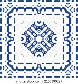 Portuguese vintage azulejo tiles. Vector seamless pattern texture. Hand drawn design. Blue antique background for pillows, print, wallpaper, web backdrop, towels, surface texture.