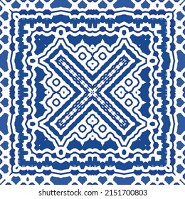 Portuguese vintage azulejo tiles. Vector seamless pattern texture. Hand drawn design. Blue antique background for pillows, print, wallpaper, web backdrop, towels, surface texture.