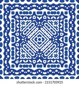 Portuguese vintage azulejo tiles. Vector seamless pattern texture. Hand drawn design. Blue antique background for pillows, print, wallpaper, web backdrop, towels, surface texture.