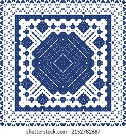 Portuguese vintage azulejo tiles. Vector seamless pattern flyer. Kitchen design. Blue antique background for pillows, print, wallpaper, web backdrop, towels, surface texture.