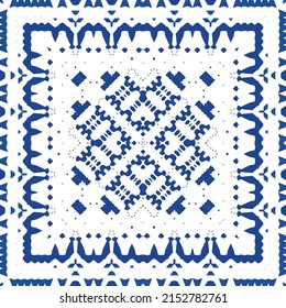 Portuguese vintage azulejo tiles. Vector seamless pattern texture. Hand drawn design. Blue antique background for pillows, print, wallpaper, web backdrop, towels, surface texture.