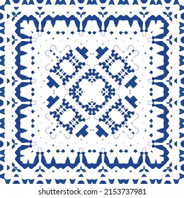 Portuguese vintage azulejo tiles. Vector seamless pattern texture. Hand drawn design. Blue antique background for pillows, print, wallpaper, web backdrop, towels, surface texture.