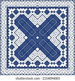 Portuguese vintage azulejo tiles. Vector seamless pattern flyer. Kitchen design. Blue antique background for pillows, print, wallpaper, web backdrop, towels, surface texture.