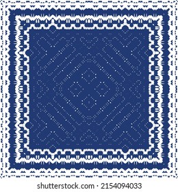 Portuguese vintage azulejo tiles. Vector seamless pattern frame. Creative design. Blue antique background for pillows, print, wallpaper, web backdrop, towels, surface texture.