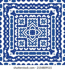 Portuguese vintage azulejo tiles. Vector seamless pattern texture. Hand drawn design. Blue antique background for pillows, print, wallpaper, web backdrop, towels, surface texture.