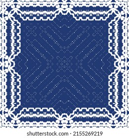 Portuguese vintage azulejo tiles. Vector seamless pattern frame. Creative design. Blue antique background for pillows, print, wallpaper, web backdrop, towels, surface texture.