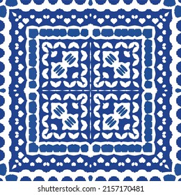 Portuguese vintage azulejo tiles. Vector seamless pattern texture. Hand drawn design. Blue antique background for pillows, print, wallpaper, web backdrop, towels, surface texture.