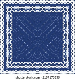 Portuguese vintage azulejo tiles. Vector seamless pattern frame. Creative design. Blue antique background for pillows, print, wallpaper, web backdrop, towels, surface texture.