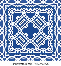 Portuguese vintage azulejo tiles. Vector seamless pattern texture. Hand drawn design. Blue antique background for pillows, print, wallpaper, web backdrop, towels, surface texture.