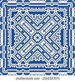 Portuguese vintage azulejo tiles. Vector seamless pattern texture. Hand drawn design. Blue antique background for pillows, print, wallpaper, web backdrop, towels, surface texture.