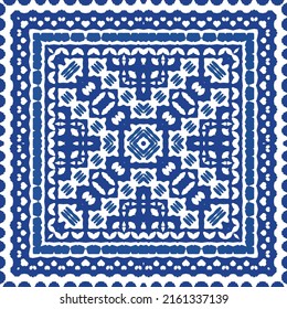 Portuguese vintage azulejo tiles. Vector seamless pattern texture. Hand drawn design. Blue antique background for pillows, print, wallpaper, web backdrop, towels, surface texture.