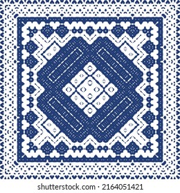 Portuguese vintage azulejo tiles. Vector seamless pattern flyer. Kitchen design. Blue antique background for pillows, print, wallpaper, web backdrop, towels, surface texture.