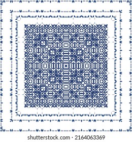 Portuguese vintage azulejo tiles. Vector seamless pattern flyer. Kitchen design. Blue antique background for pillows, print, wallpaper, web backdrop, towels, surface texture.