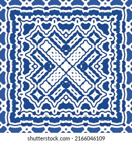 Portuguese vintage azulejo tiles. Vector seamless pattern texture. Hand drawn design. Blue antique background for pillows, print, wallpaper, web backdrop, towels, surface texture.