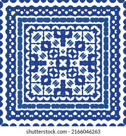 Portuguese vintage azulejo tiles. Vector seamless pattern texture. Hand drawn design. Blue antique background for pillows, print, wallpaper, web backdrop, towels, surface texture.