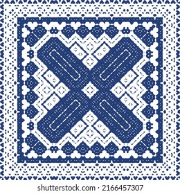 Portuguese vintage azulejo tiles. Vector seamless pattern flyer. Kitchen design. Blue antique background for pillows, print, wallpaper, web backdrop, towels, surface texture.