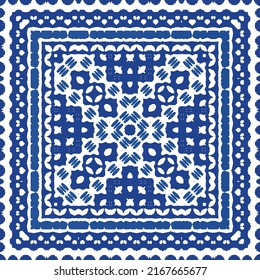 Portuguese vintage azulejo tiles. Vector seamless pattern texture. Hand drawn design. Blue antique background for pillows, print, wallpaper, web backdrop, towels, surface texture.