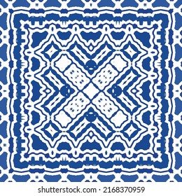 Portuguese vintage azulejo tiles. Vector seamless pattern texture. Hand drawn design. Blue antique background for pillows, print, wallpaper, web backdrop, towels, surface texture.