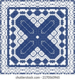 Portuguese vintage azulejo tiles. Vector seamless pattern flyer. Kitchen design. Blue antique background for pillows, print, wallpaper, web backdrop, towels, surface texture.