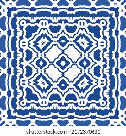 Portuguese vintage azulejo tiles. Vector seamless pattern texture. Hand drawn design. Blue antique background for pillows, print, wallpaper, web backdrop, towels, surface texture.