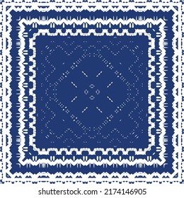 Portuguese vintage azulejo tiles. Vector seamless pattern frame. Creative design. Blue antique background for pillows, print, wallpaper, web backdrop, towels, surface texture.