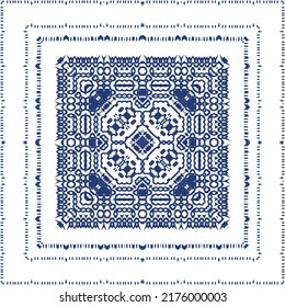 Portuguese vintage azulejo tiles. Vector seamless pattern flyer. Kitchen design. Blue antique background for pillows, print, wallpaper, web backdrop, towels, surface texture.