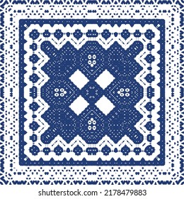 Portuguese vintage azulejo tiles. Vector seamless pattern flyer. Kitchen design. Blue antique background for pillows, print, wallpaper, web backdrop, towels, surface texture.
