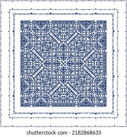 Portuguese vintage azulejo tiles. Vector seamless pattern flyer. Kitchen design. Blue antique background for pillows, print, wallpaper, web backdrop, towels, surface texture.