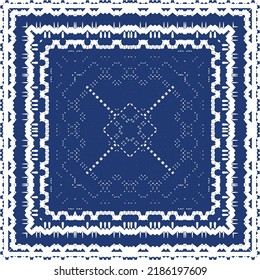 Portuguese vintage azulejo tiles. Vector seamless pattern frame. Creative design. Blue antique background for pillows, print, wallpaper, web backdrop, towels, surface texture.