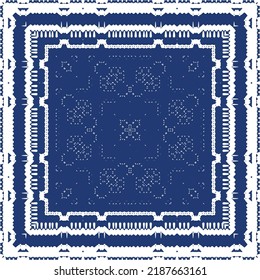 Portuguese vintage azulejo tiles. Vector seamless pattern frame. Creative design. Blue antique background for pillows, print, wallpaper, web backdrop, towels, surface texture.