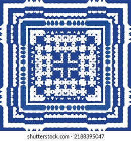 Portuguese vintage azulejo tiles. Vector seamless pattern texture. Hand drawn design. Blue antique background for pillows, print, wallpaper, web backdrop, towels, surface texture.