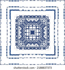 Portuguese vintage azulejo tiles. Vector seamless pattern flyer. Kitchen design. Blue antique background for pillows, print, wallpaper, web backdrop, towels, surface texture.