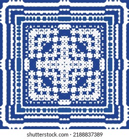 Portuguese vintage azulejo tiles. Vector seamless pattern texture. Hand drawn design. Blue antique background for pillows, print, wallpaper, web backdrop, towels, surface texture.