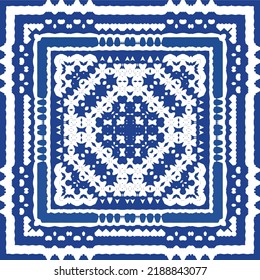 Portuguese vintage azulejo tiles. Vector seamless pattern texture. Hand drawn design. Blue antique background for pillows, print, wallpaper, web backdrop, towels, surface texture.