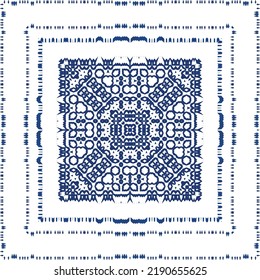 Portuguese vintage azulejo tiles. Vector seamless pattern flyer. Kitchen design. Blue antique background for pillows, print, wallpaper, web backdrop, towels, surface texture.