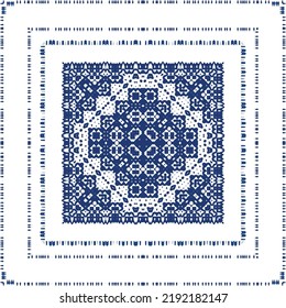Portuguese vintage azulejo tiles. Vector seamless pattern flyer. Kitchen design. Blue antique background for pillows, print, wallpaper, web backdrop, towels, surface texture.