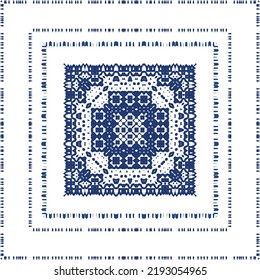 Portuguese vintage azulejo tiles. Vector seamless pattern flyer. Kitchen design. Blue antique background for pillows, print, wallpaper, web backdrop, towels, surface texture.