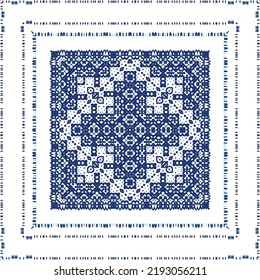 Portuguese vintage azulejo tiles. Vector seamless pattern flyer. Kitchen design. Blue antique background for pillows, print, wallpaper, web backdrop, towels, surface texture.