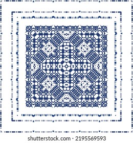 Portuguese vintage azulejo tiles. Vector seamless pattern flyer. Kitchen design. Blue antique background for pillows, print, wallpaper, web backdrop, towels, surface texture.