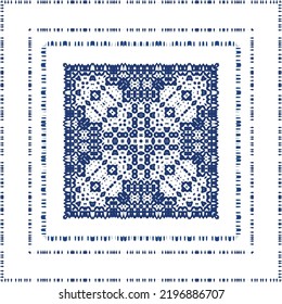 Portuguese vintage azulejo tiles. Vector seamless pattern flyer. Kitchen design. Blue antique background for pillows, print, wallpaper, web backdrop, towels, surface texture.