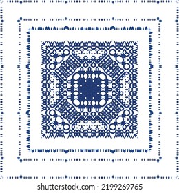 Portuguese vintage azulejo tiles. Vector seamless pattern flyer. Kitchen design. Blue antique background for pillows, print, wallpaper, web backdrop, towels, surface texture.