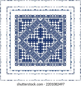 Portuguese vintage azulejo tiles. Vector seamless pattern flyer. Kitchen design. Blue antique background for pillows, print, wallpaper, web backdrop, towels, surface texture.