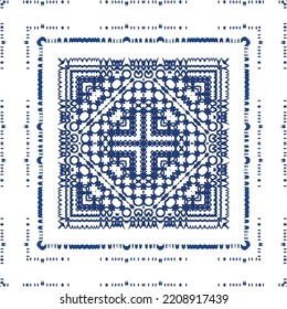 Portuguese vintage azulejo tiles. Vector seamless pattern flyer. Kitchen design. Blue antique background for pillows, print, wallpaper, web backdrop, towels, surface texture.