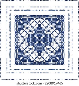 Portuguese vintage azulejo tiles. Vector seamless pattern flyer. Kitchen design. Blue antique background for pillows, print, wallpaper, web backdrop, towels, surface texture.